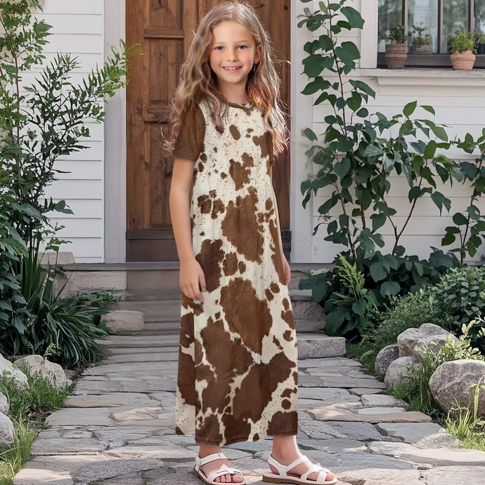 Uourmeti Girls Elegant Maxi Dress, Brown Cow Printed Short Sleeves Dress with Pockets Summer Long Holiday Dresses, Size 9-10 Years