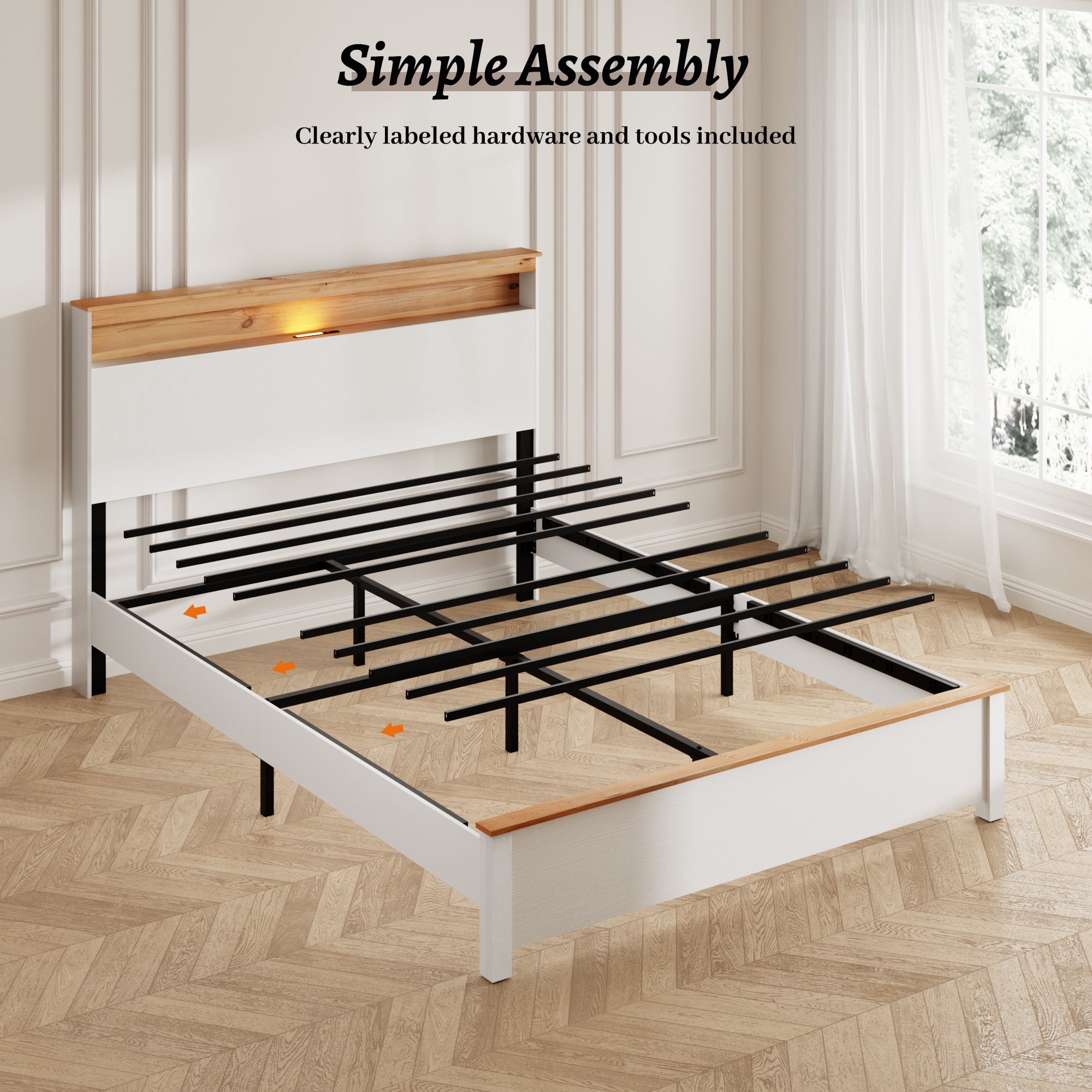 Queen Size Farmhouse Bed Frame with Storage Headboard, Wooden Platform Bed with Charging Station & LED Lights, Strong Metal Slats Support, No Box Spring Needed, White Oak Finish