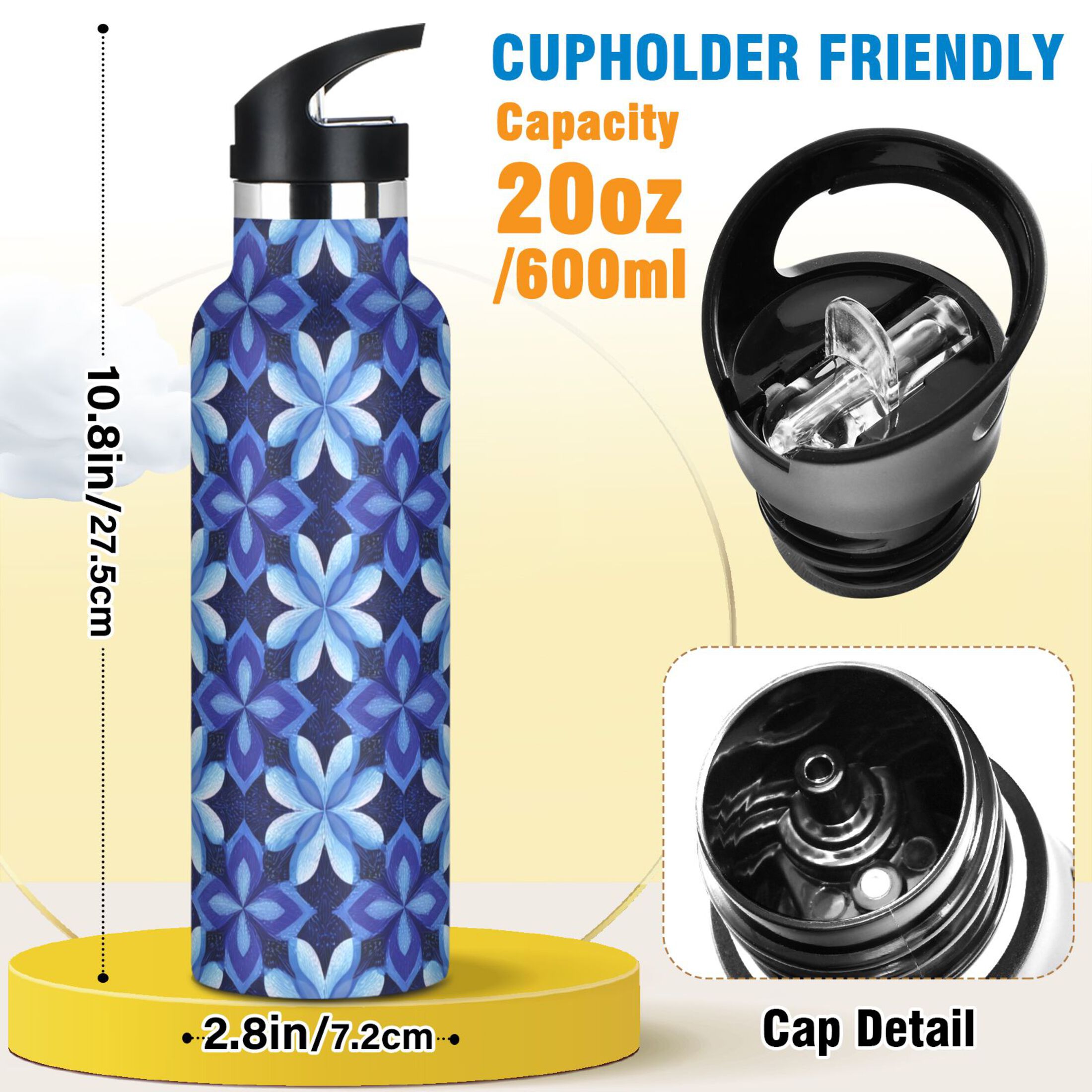 600ML Stainless Steel Insulated Cup Sports Water Bottle Portable Thermos Cup Water Glasses Insulated Tumblers Convenient and Durable Beautiful Dark Blue Pattern