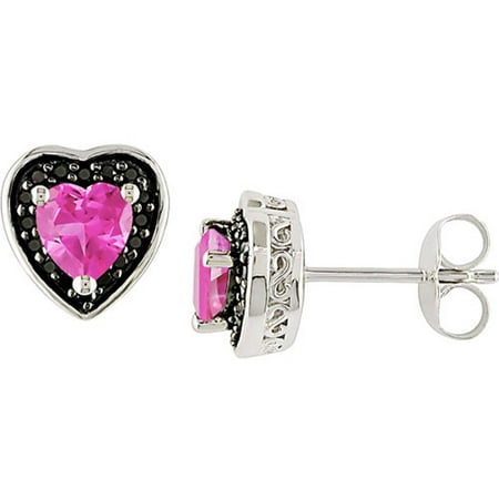 1 Carat T.G.W. Created Pink Sapphire and 1/8 Carat T.W. Black Diamond Sterling Silver Heart Stud Earrings