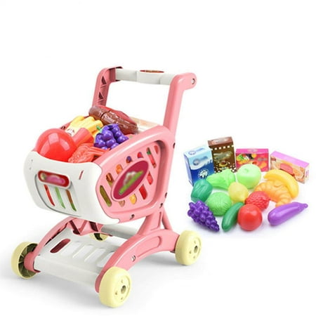 Shopping Cart Supermarket Trolley Push Car Safety for Kids Entertainment Girls Toys Cutting Food Fruit Pretend Play Kids Toy Shopping Basket Pink Walmart