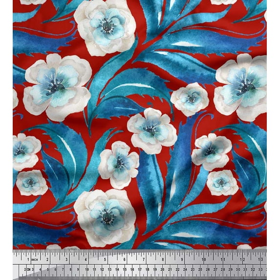 Soimoi Red Cotton Voile Fabric Leaves & Anemone Floral Print Fabric by Yard 42 Inch Wide