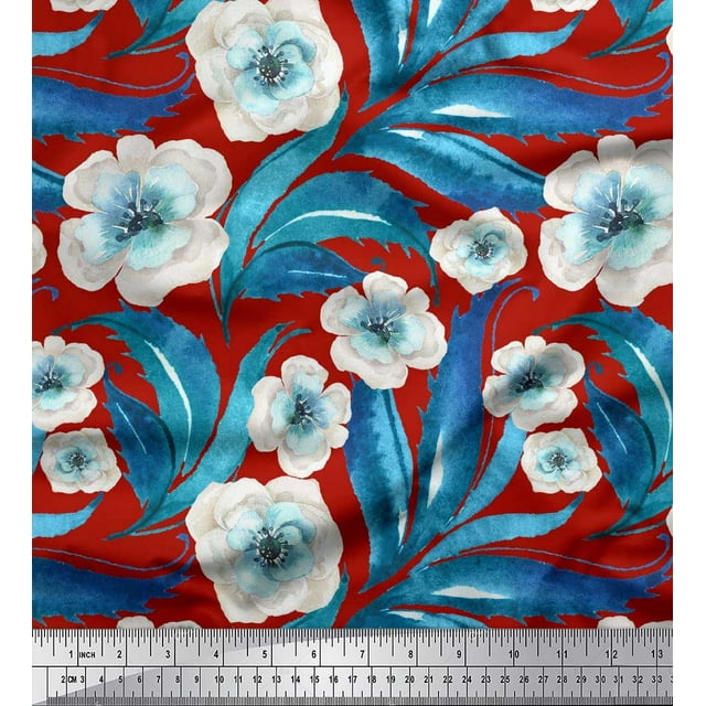 Soimoi Tissu en Poly Georgette Rouge Imprimé Floral Feuilles & Anémone au Mètre 52 Pouces de Large