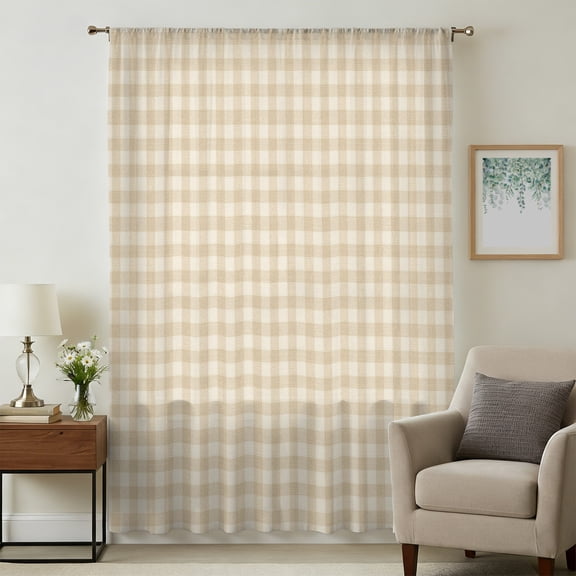 Cream Plaid Sheer Curtains 96 Inches Long, Gingham Checked Minimalist Modern Light Filering Curtains, Privacy Drapes Simi Floor to Veiling Curtain for Living Room Bedroom Large Window Treatment