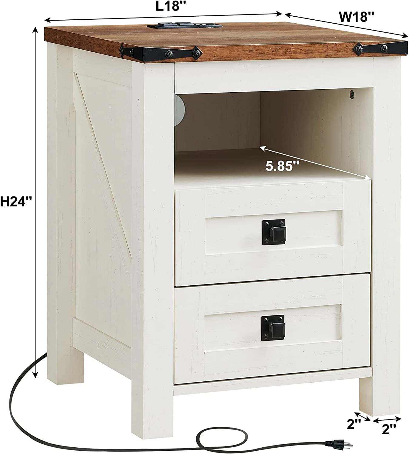 OKD Farmhouse Nightstand with Charging Station for Bedroom, 2-Drawer Rustic End Tables for Living Room, off White