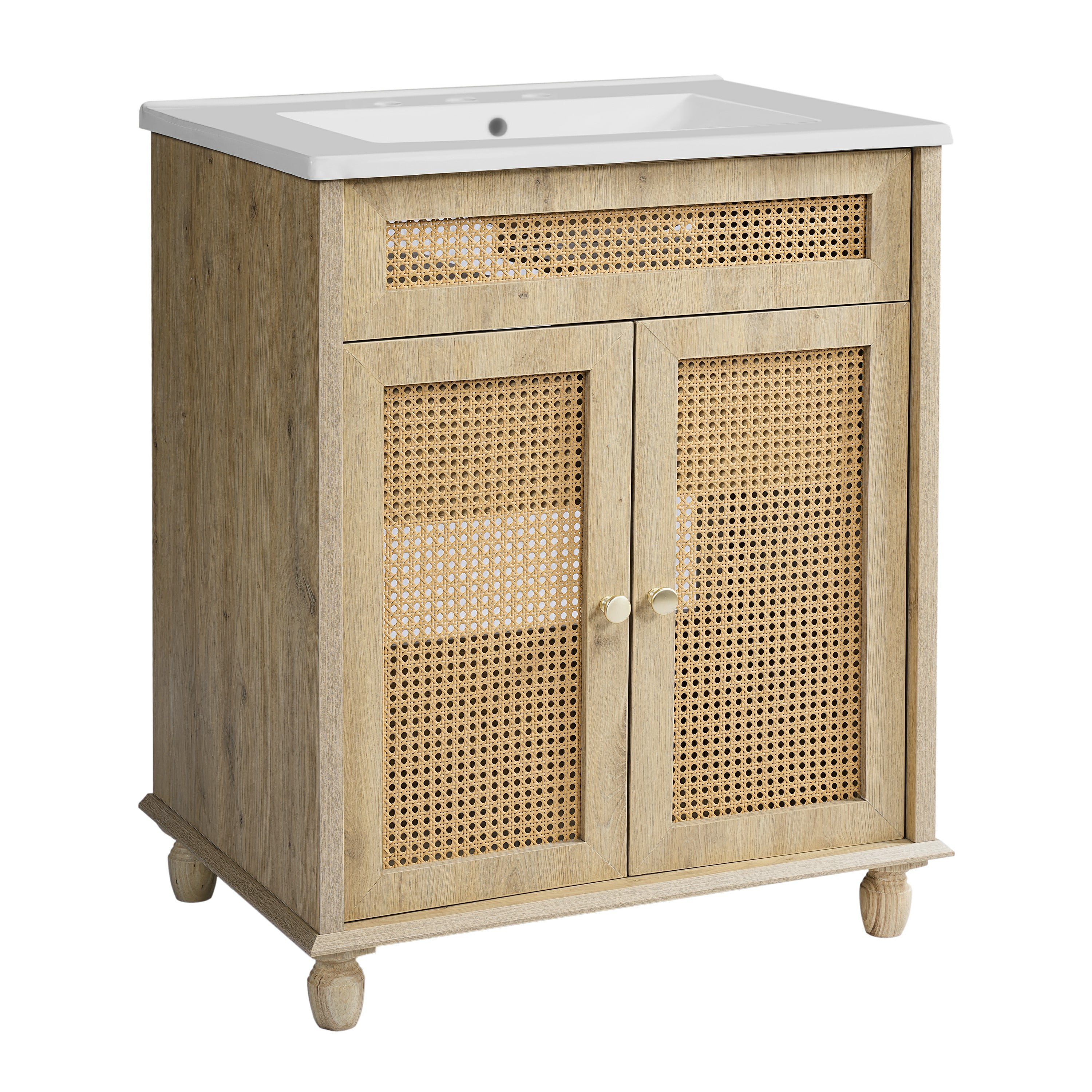 30-Inch Bathroom Vanity: Handwoven Rattan Doors, Solid Wood Legs & Resin Basin