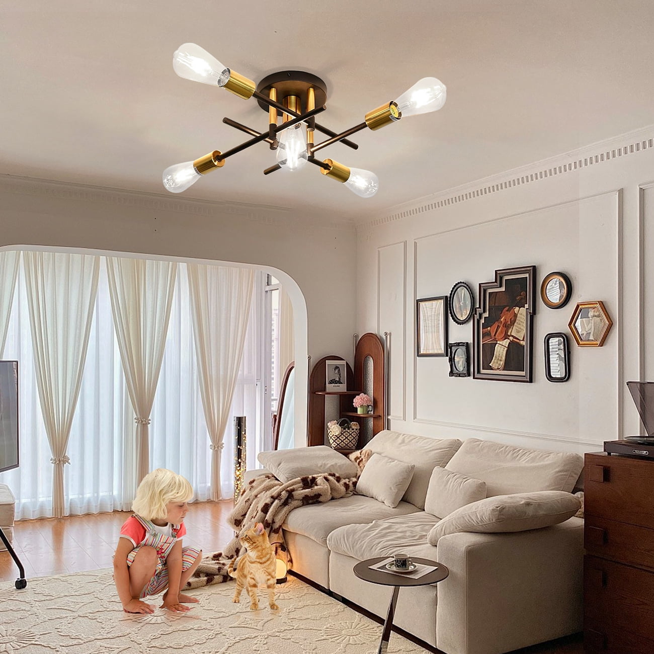 JOPESO 5-Lights Chandelier Flush Mount Ceiling Light Fixture Modern Mid Century Sputnik Farmhouse Chandelier Lighting for Dining Living Room kitchen Bedroom
