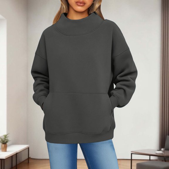Dwellite Mock Neck Sweatshirt Women 2026 Fall Fashion Oversized Turtleneck Pullover Long Sleeve Sweatshirts Tops Dark Gray S