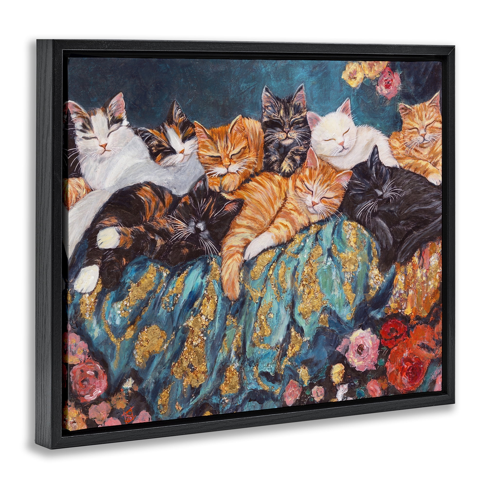 Sleepy Kitty Crowd with Flowers Black Framed Floater Canvas Wall Art, design by Sara Culpepper