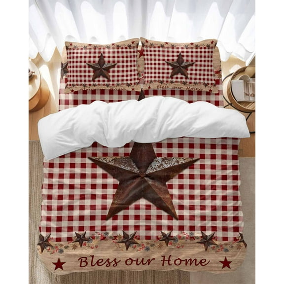 Country Star Bedding Duvet Cover Set Queen Size 4 Pieces Farmhouse Texas Star Vintage Red Plaid Bedding Set with Zipper Closure, 1 Comforter Cover 90x92 Inches 1 Flat Sheet & 2 Pillow Cases