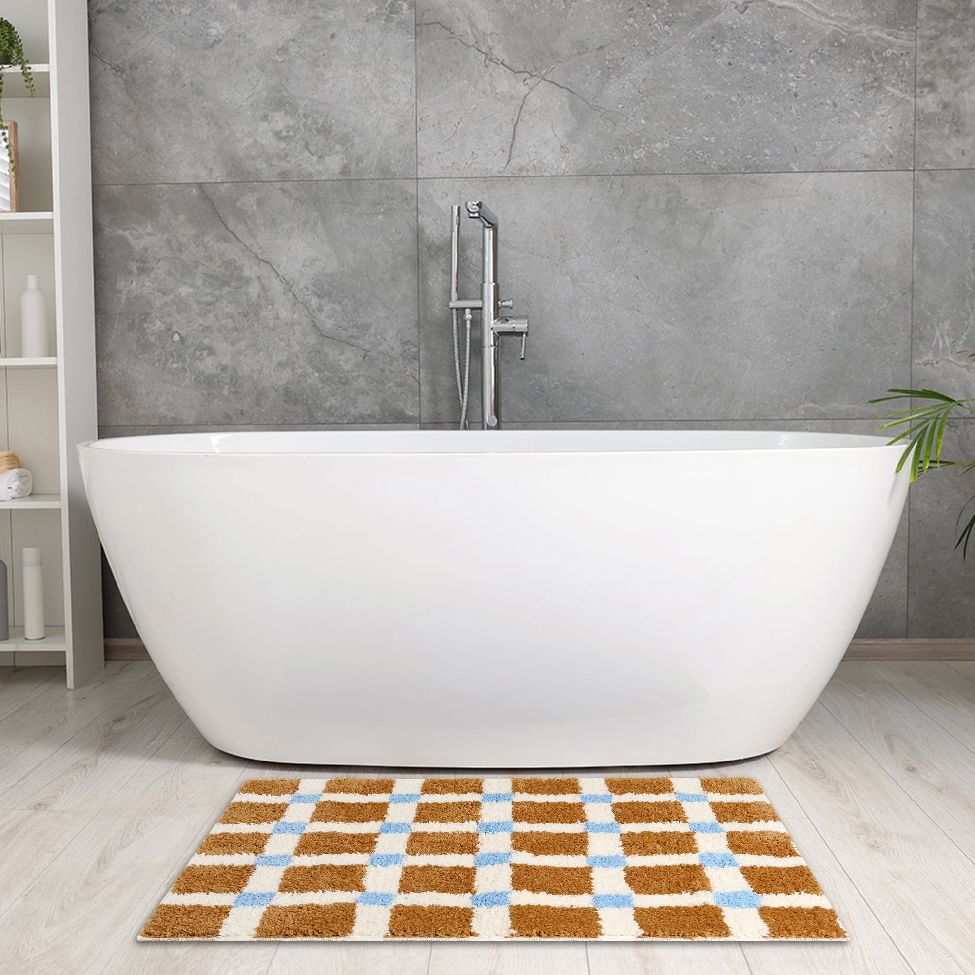 Unique Bargains 2 Pcs Checkered Absorbent Non Slip Bath Mats Soft Fluffy Bathroom Rugs Brown 20" x 32"