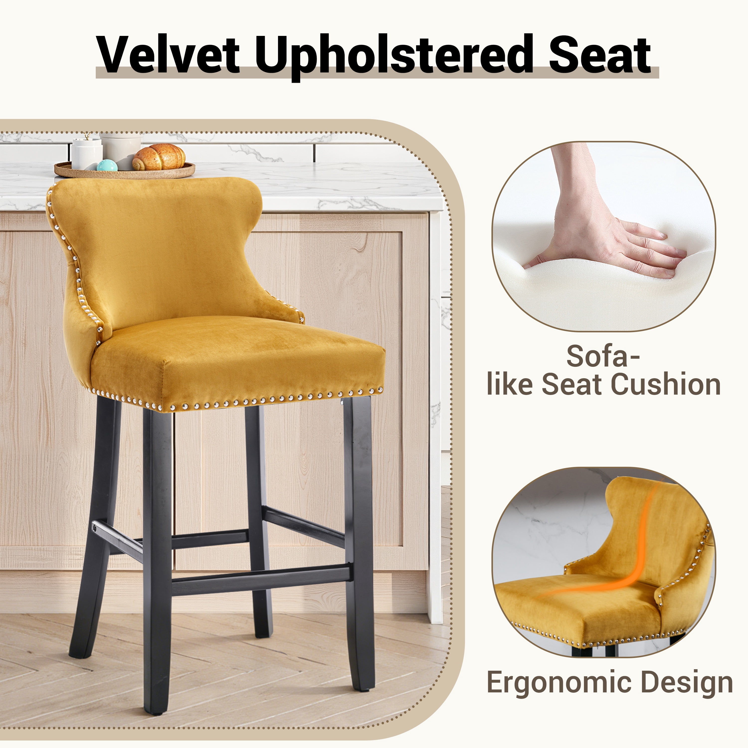 Bar Stools Set of 2, LegaHome 26" Counter Height Bar Stools with Back Sets of 2, Velvet Upholstered Bar Stool with Button Tufted & Nailhead Trim, Counter Stool for 35-39" Kitchen Island, Yellow