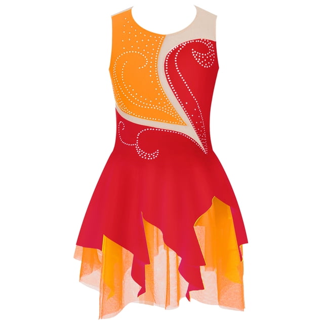 Jhaoyu Robe de Patinage à Glace Sans Manches pour Filles avec Strass Scintillants Robe de Danse Rouge 10