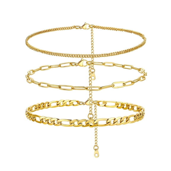 PROSTEEL 3 Pcs Stainless Steel Summer Anklet for Women 14K Gold Plated Paperclip Cuban Figaro Charm Bracelet Beach Jewelry Birthday Gift 8.5 Inch Chain