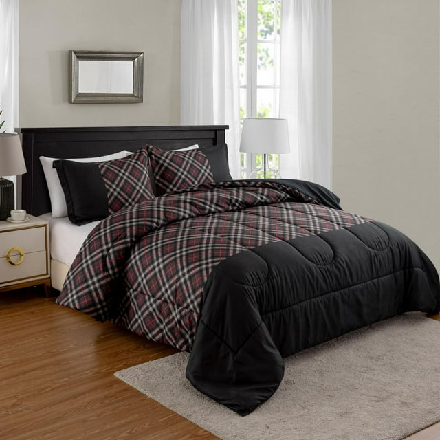 Ultra soft luxury black and grey geometric plaid printed comforter set with matching pillow shams on a bed in a bright, modern bedroom.
