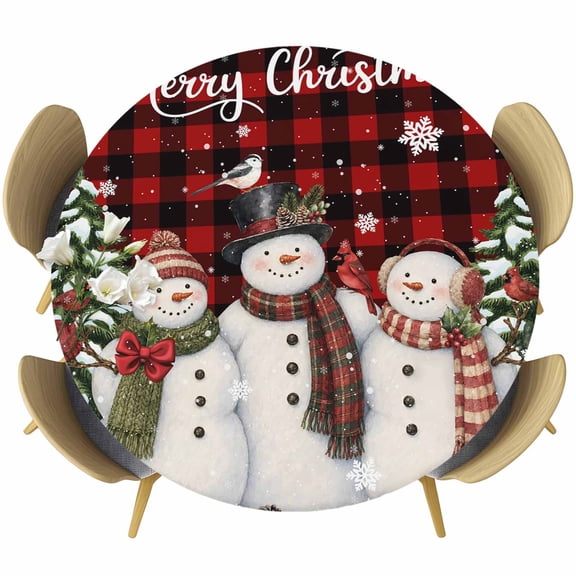 Round Fitted Tablecloth with Elastic Edge, Christmas Snowman Snowflake Pine Tree Fitted Table Cloth for Round Tables 55-60in, Red Black Buffalo Plaid Waterproof Tablecloth for Outdoor Picnic Party