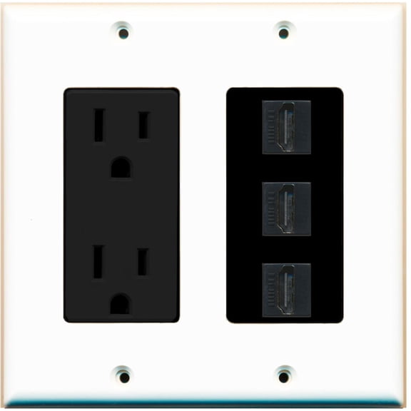 RiteAV - 15 Amp Power Outlet 3 Port HDMI Decora Wall Plate - White/Black