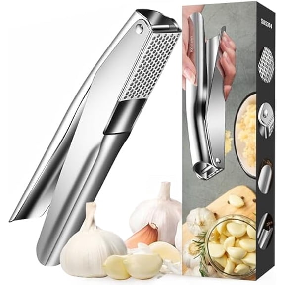 304 Stainless Steel Garlic Press, Labor-Saving Lever with Dense Holes, Easy to Clean Garlic Crusher, Ergonomic Handle for Home Kitchen