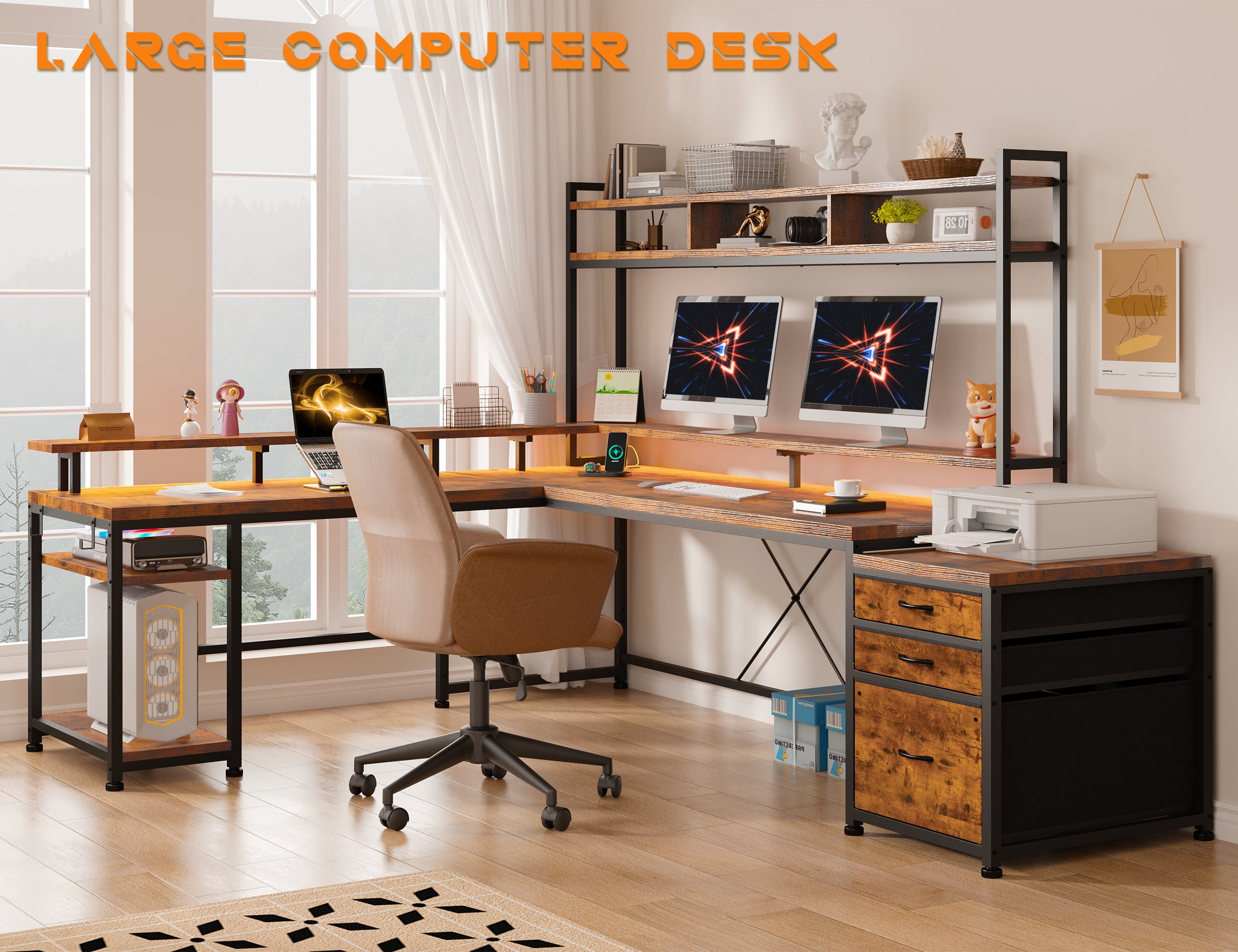 EnHomee 63" L Shaped Desk with Power Outlet & LED Lights Reversible Computer Desk for Home Office Rustic Brown