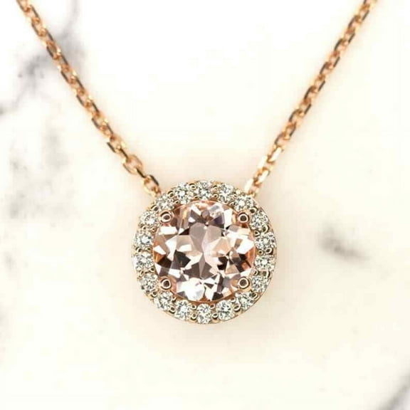 Women's Morganite & Diamond Round Cut Halo Pendant Necklace in 14K Rose Gold Plated Silver 18"