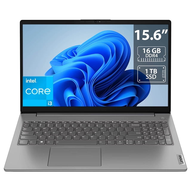 laptop lenovo v15 g4: core i3 1315u, ram 16gb, ssd 1tb, 15.6" led, uhd graphics, windows 11 home — portátil gris Lenovo V15 G4 abierto en vista frontal 3/4; pantalla 15.6" con fondo de Windows 11, teclado con teclado numérico y touchpad central, logo Lenovo en reposapiés. Ideal para tareas de oficina y edición ligera.