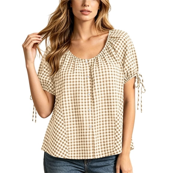 cocolona Womens Summer Plaid Tops Crew Neck Short Sleeve Tie Button Shirts Dressy Casual Loose Blouses