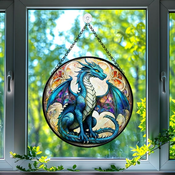 89Bloom Saphira Dragon Window Hanging Stained Glass, Saphira Dragon Suncatchers for Windows Stained Glass, Stained Glass Saphira Dragon suncatcher