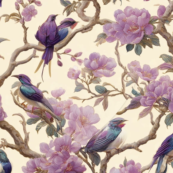 Chinoiserie Peel and Stick Wallpaper Circular Chinoiserie Watercolor Art Birds Cherry Blossom Beauty Wall Paper 17.7in x 9.8ft Self Adhesive Removable Renter Friendly Wallpaper for Bedroom Cabinets