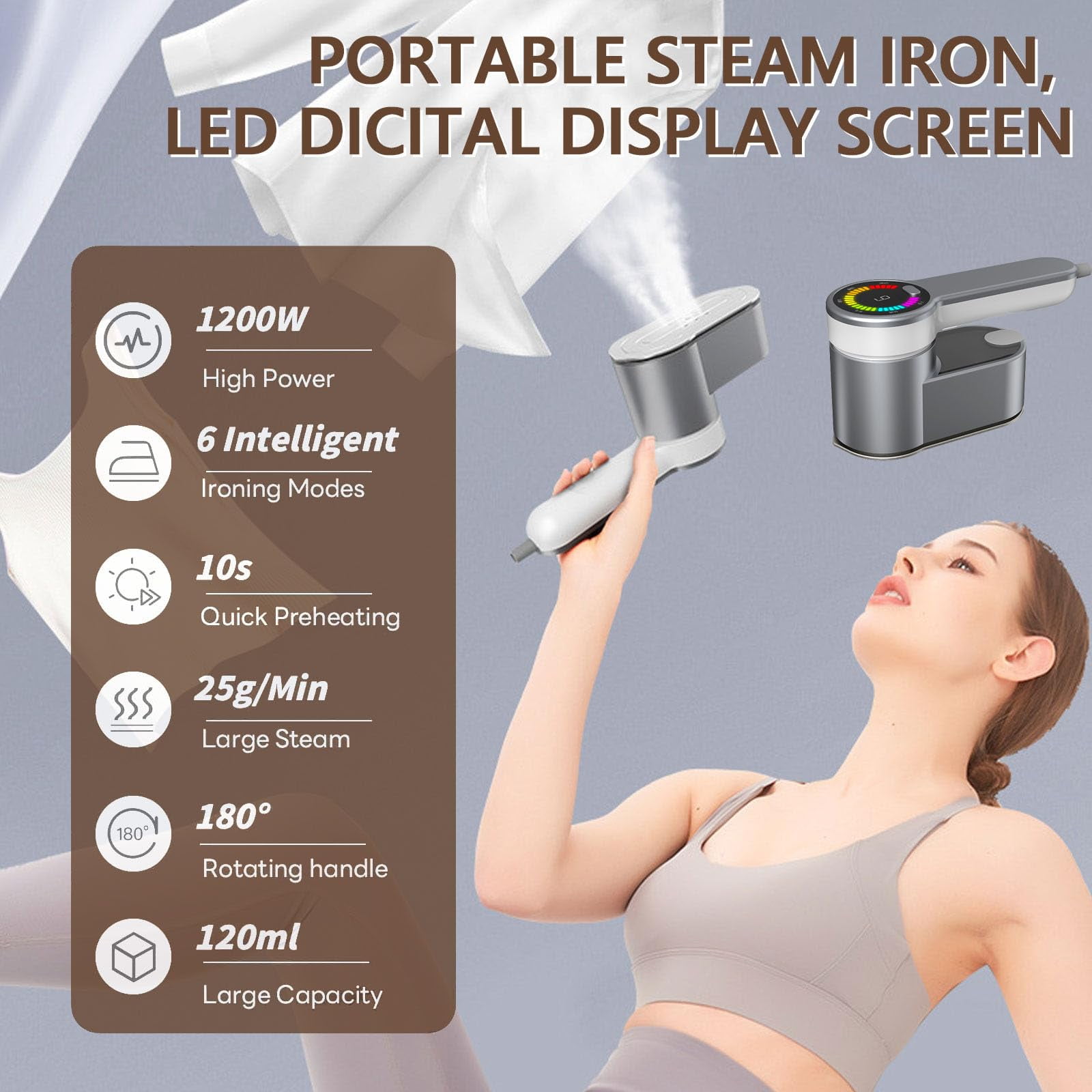 Mini Steam Iron for Clothes, 6 Ironing Modes Travel Steamer for Clothes, 2 in 1 Portable Handheld Iron Dry Ironing & Wet Ironing, 10 S Fast Heat Up 180° Rotatable Small Steam Iron