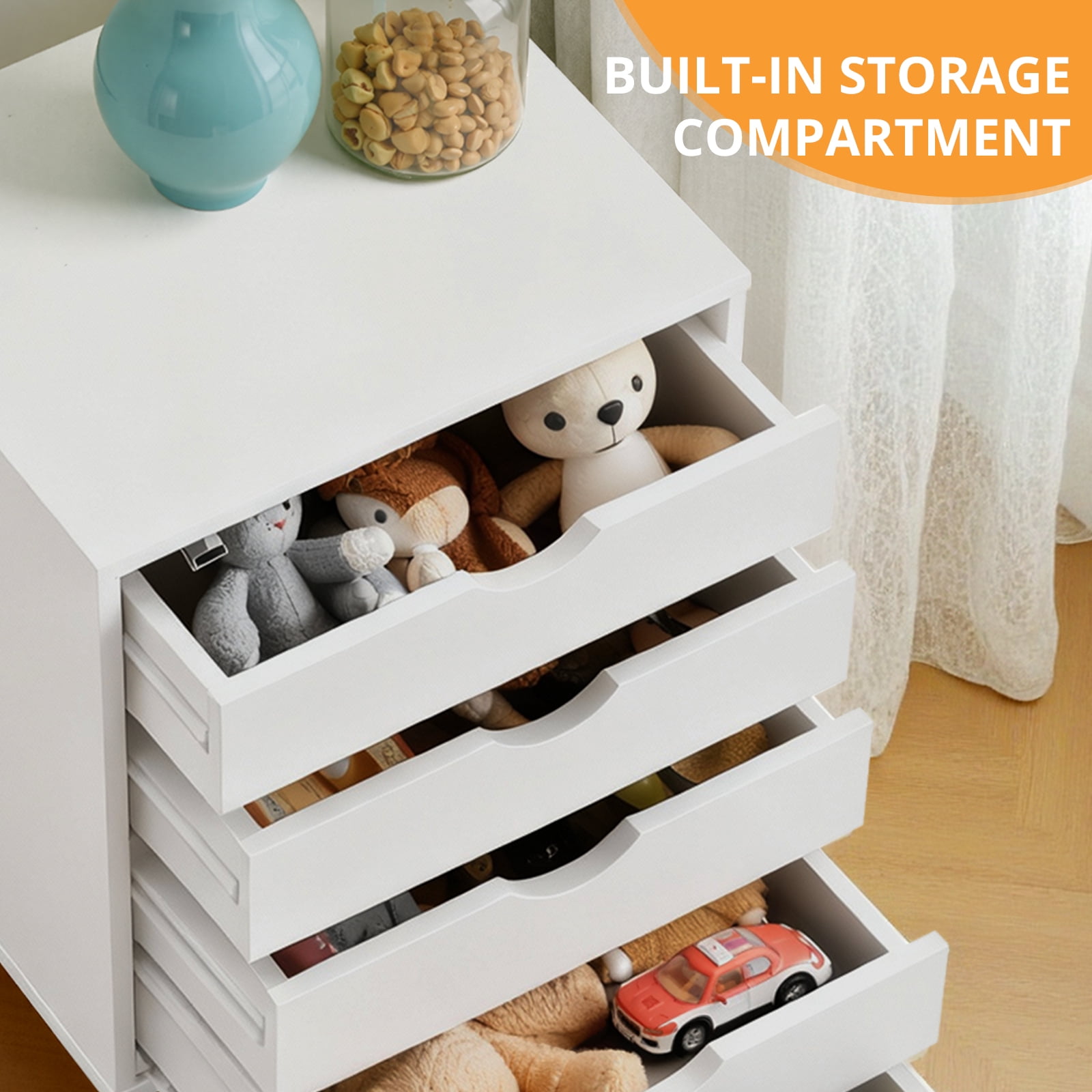 Sybels 5-Drawer Rolling Storage Cart, Mobile File Cabinet & Organizer Dresser with Wheels for Home Office, Wood Chest, White