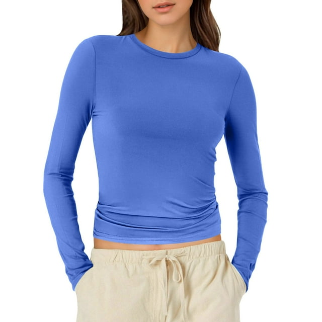 2025 T-Shirts pour Femmes, T-Shirts Femmes, Hauts Ajustés pour Femmes Longs T-Shirt de Course pour Femmes Manche Col Rond Court Taille Petite Hauts pour Femmes Haut Tee-Shirt Basique Chemises à Manches Longues Femmes Uni Ajusté