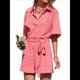thumbnail image 3 of Mono Corto Informal de Verano A Rayas para Mujer, de Corta, con Botones y Cinturón, con Cintura Elástica. Rojo L, 3 of 8