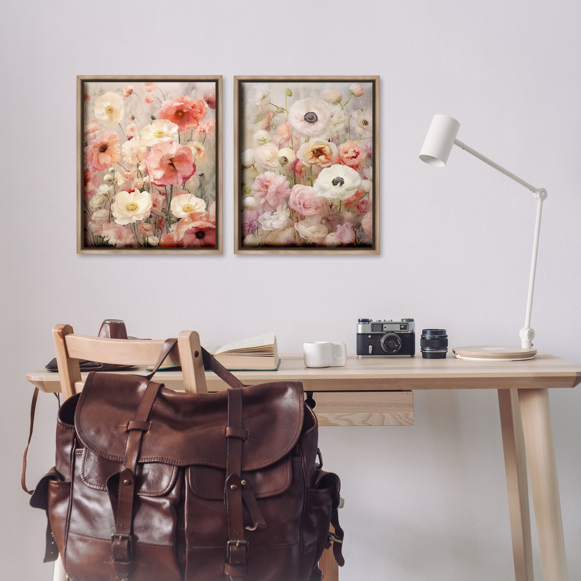 Stupell Industries Blush Floral Flowers Plants & Flowers Painting Brown Floater Framed Canvas Art Print Wall Art, 17 x 21, Set of 2