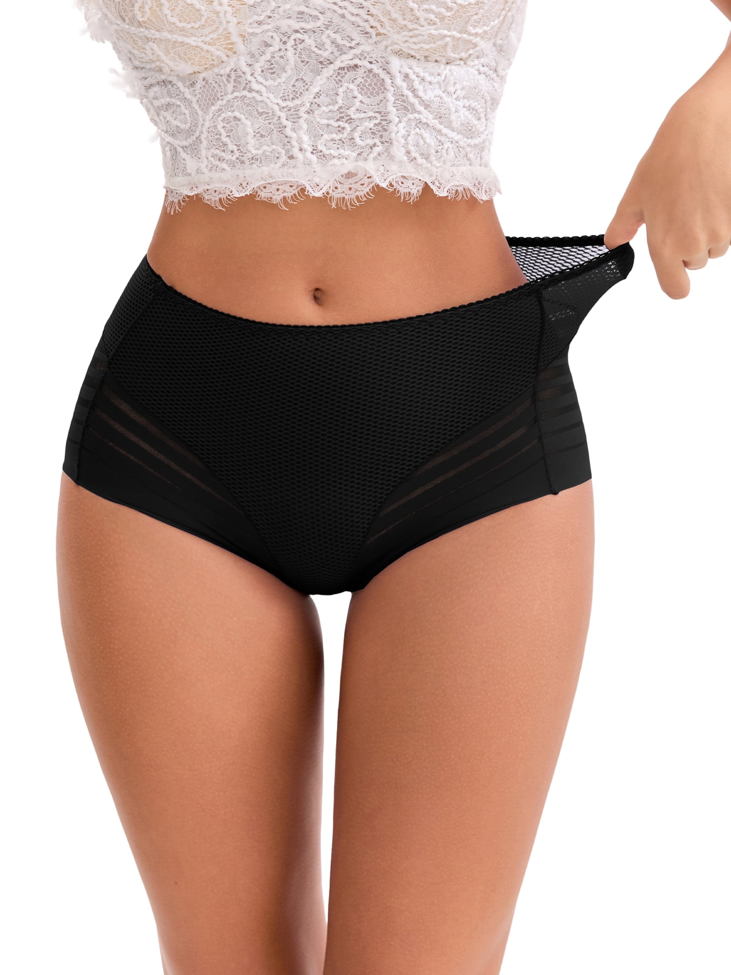 DARING DIVA Women's Lace Mesh High Waisted Invisible Tummy Control Panties M Black