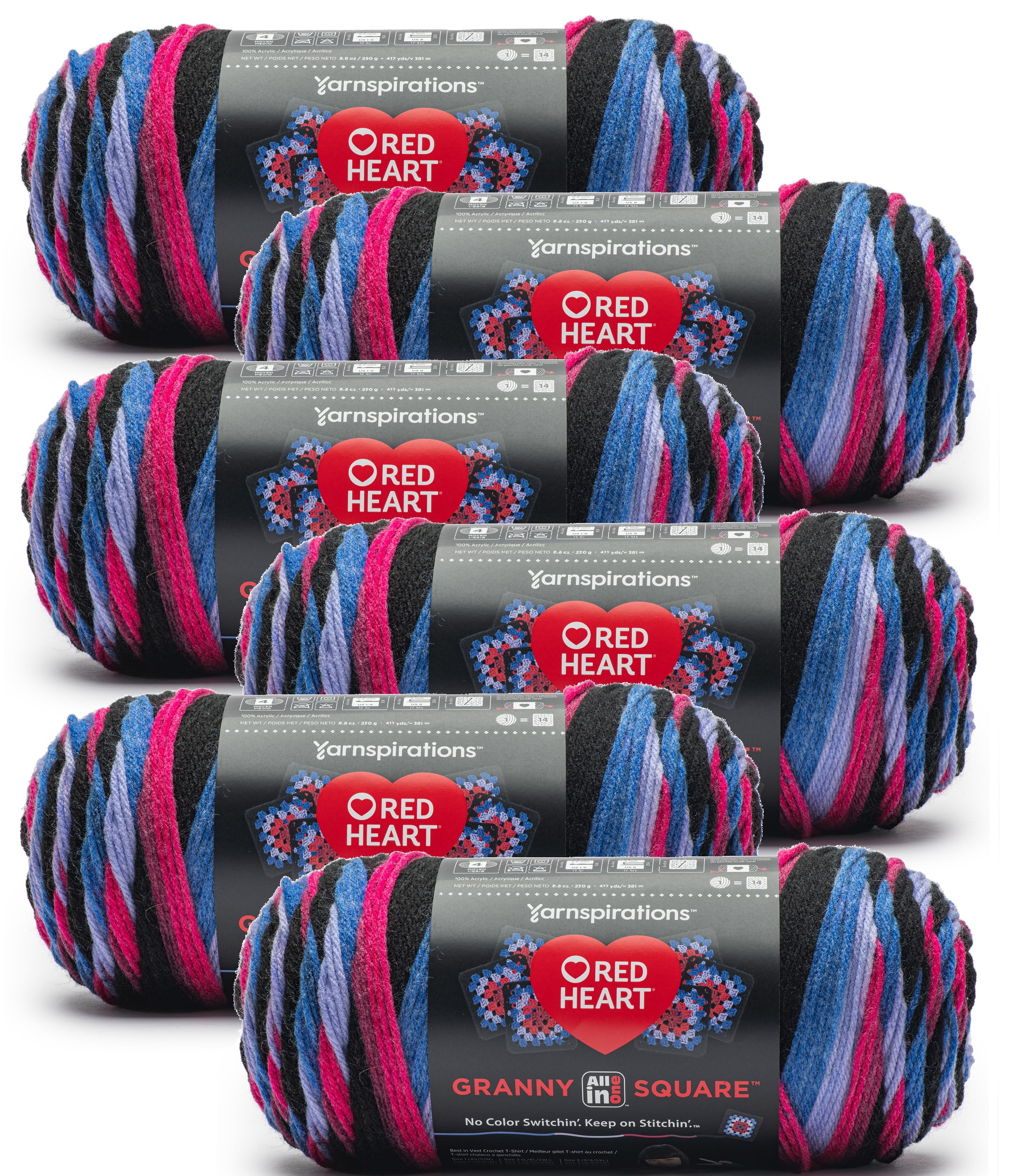 (2 pack) Red Heart™ Granny Square 250g (6 pack), Black - Hyper Violet