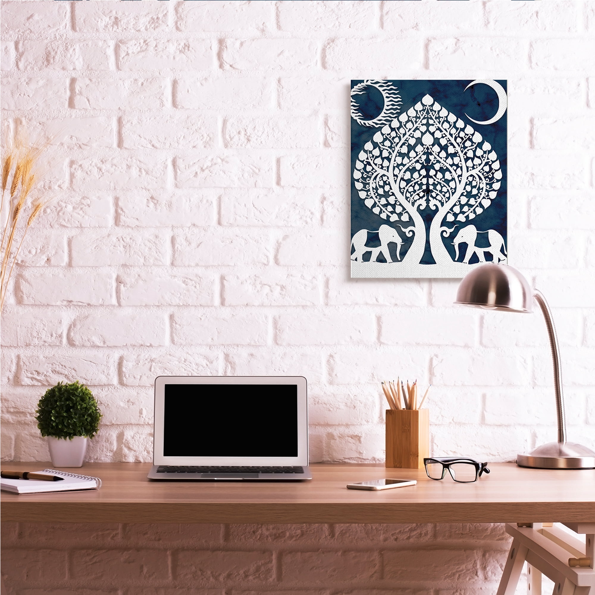 Stupell Industries Symmetrical Elephants Marching Under Trees Sun and Moon,24 x 30,Designed by Daphne Polselli