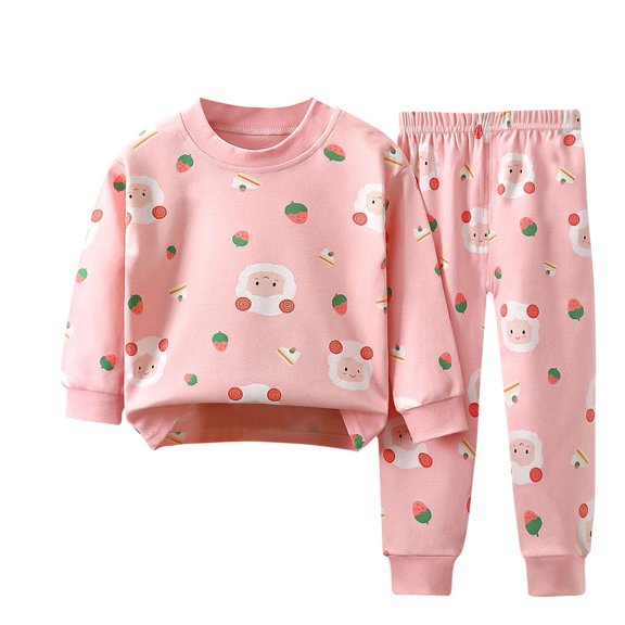 Fall Clothes Set for Girls 2t 3t Cute Print Button Shoulder Sweatshirt Pants Suit Cotton Toddler Long Sleeve Outfits, Pink, 5 Years