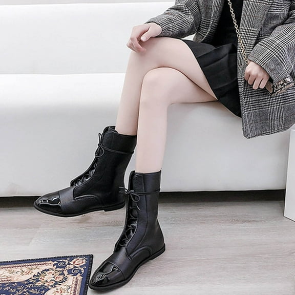 Babysbule Boots for Women Winter Women's Shoes Retro Solid Color Low Heel Laceing Fashion Short Leather