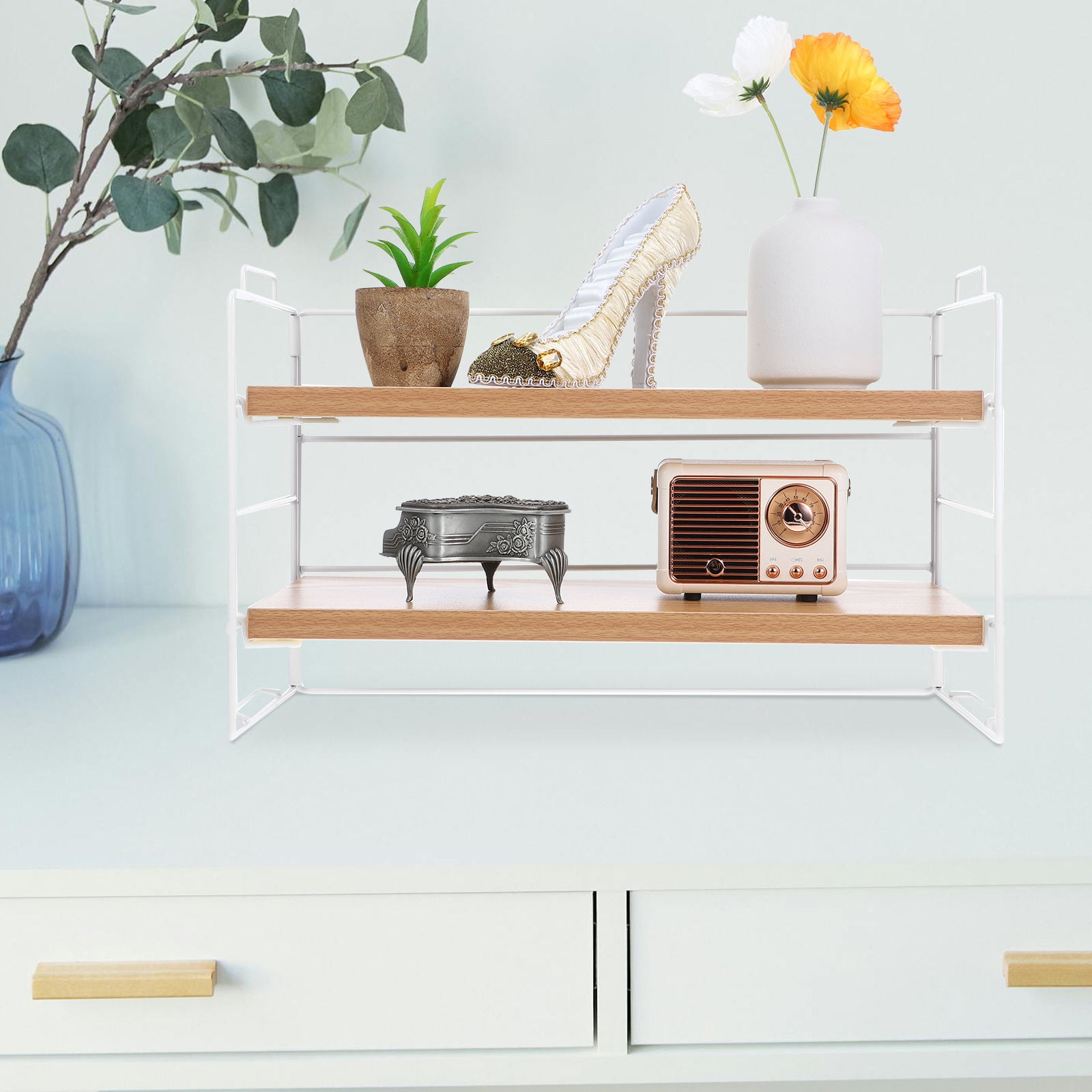 PAMINGONO Desk Bookshelf White Wood and Metal Frame Storage Rack for Vanity and Kitchen Organization