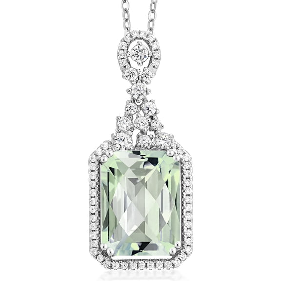 Gem Stone King 925 Sterling Silver Green Prasiolite Pendant 7.20 Ct Emerald Checkerboard 14X10MM