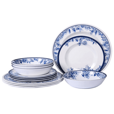Melamine Dinnerware Sets-12pcs floral dinnerware set Service for 4,Dishwasher Safe, Break-resistant, Indoor and Outdoor Use,Reusable,Traditional Flower
