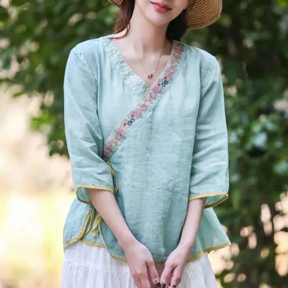 Embroidered 3/4 Sleeve Boho Tops Womens Gauze Tops Flowy Tops For Women Chinese Style Tops For Women Linen Clothing For Women Cotton Boho Tops Summer Blouses For Women Peasant Tops For Women Green L