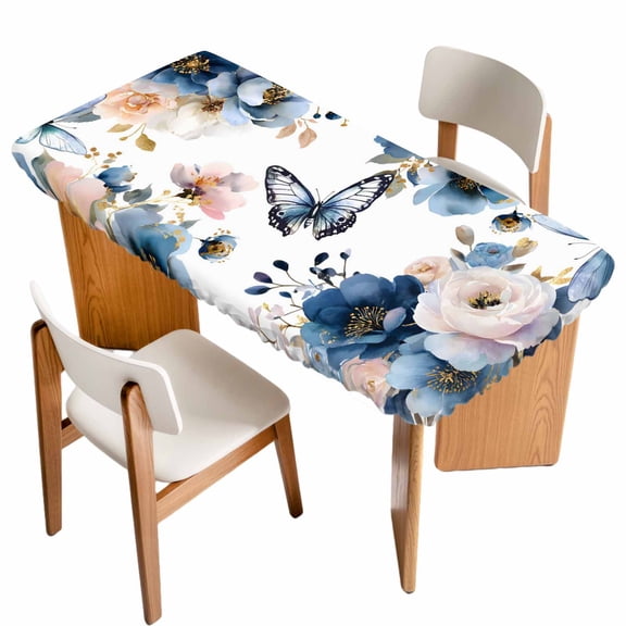 Vintage Blue Floral Table Cloths for 6 Foot Rectangle Tables, Farmhouse Watercolor Flower Butterflies Patio Waterproof Elastic Fitted Tablecloths, Washable Rectangular Table Cover for Camping