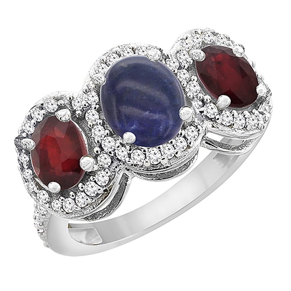 10K White Gold Natural Lapis & Enhanced Ruby 3-Stone Ring Oval Diamond Accent, size 5