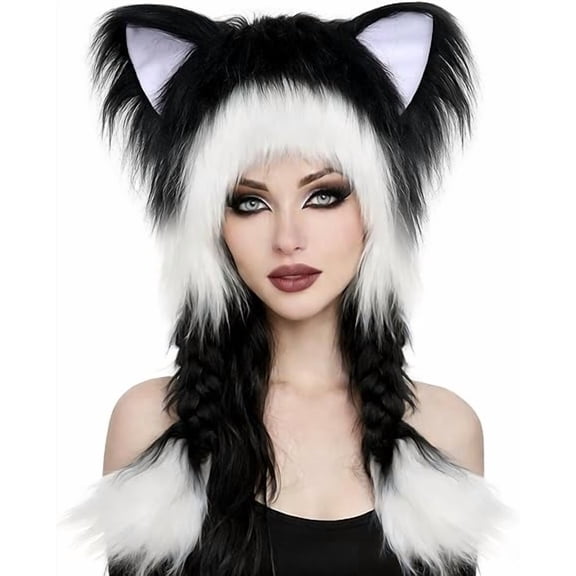 Animal Ear Hat with Braids - Soft Furry Cat Fox Ears Beanie for Women, Cute Cosplay Costume, Christmas Party, Festival Winter Hat, Kawaii Themed Accessory(XX)