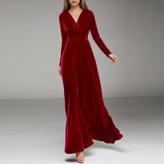 Wuxian Women Elegant Long Dresses Velvet V-Neck High Waist Long Sleeve Flowy Maxi Evening Gown Stylish Ruched Comfort Soft Party Evening Wedding Dresses,Red,XL