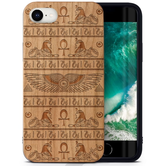 Case Yard Wooden Case Outside Soft TPU Silicone, Slim Fit Shockproof Wood Protective Phone Cover for Girls Boys Men and Women, Supports Wireless Charging Pharaoh Pattern Design case for iPhone-SE