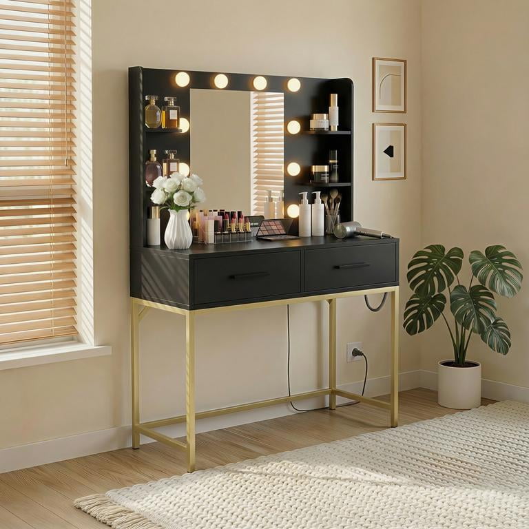 Lacoo Makeup Vanity with LED Lights & Charging Station, Vanity Set with 4 Shelves & 2 Storage Drawers, Vanity Table for Bedroom, Black