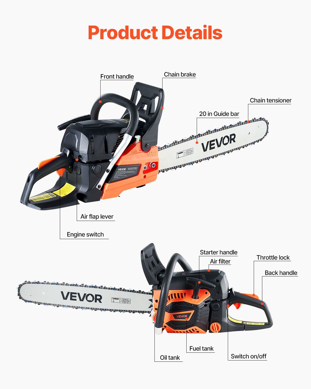 62cc 20 Inch 3.8HP Gasoline Chainsaw with Non Slip Handle Dual Fuel Tank for Wood Cutting Tree Trimming Land Clearing