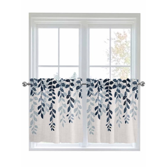 Half Window Curtains 24 Inches Long, Navy Blue Ombre Botanical Window Treatment Curtain Drapes, Watercolor Pastoral Leaf Rustic Short Curtains Tiers for Kitchen Over Sink, 27.5"x24", 2 Panels